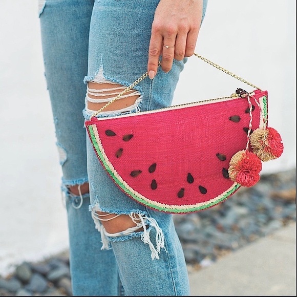 NWT J. Crew x Kayu Raffia Watermelon Clutch Red straw bag purse chain clutch - Picture 2 of 9